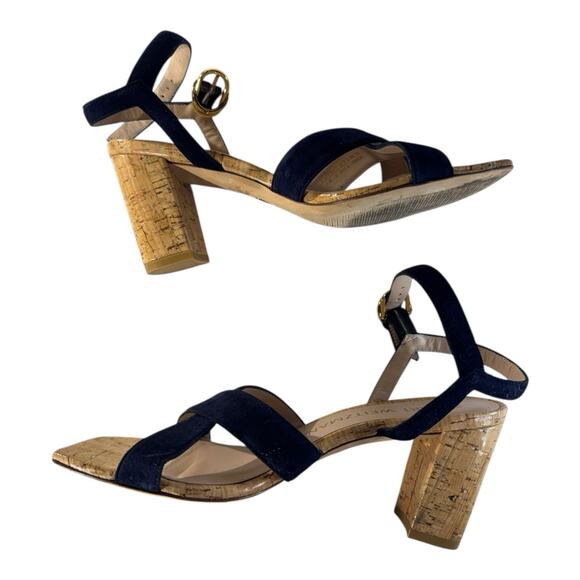 Stuart Weitzman Analeigh 75 Suede Sandal Navy Size 8.5 European Summer Chic Cork - Picture 2 of 10